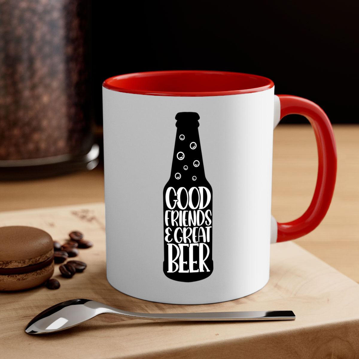 Good Friends Great Beer Mug with colorful handle and glossy finish, available in multiple colors and sizes.