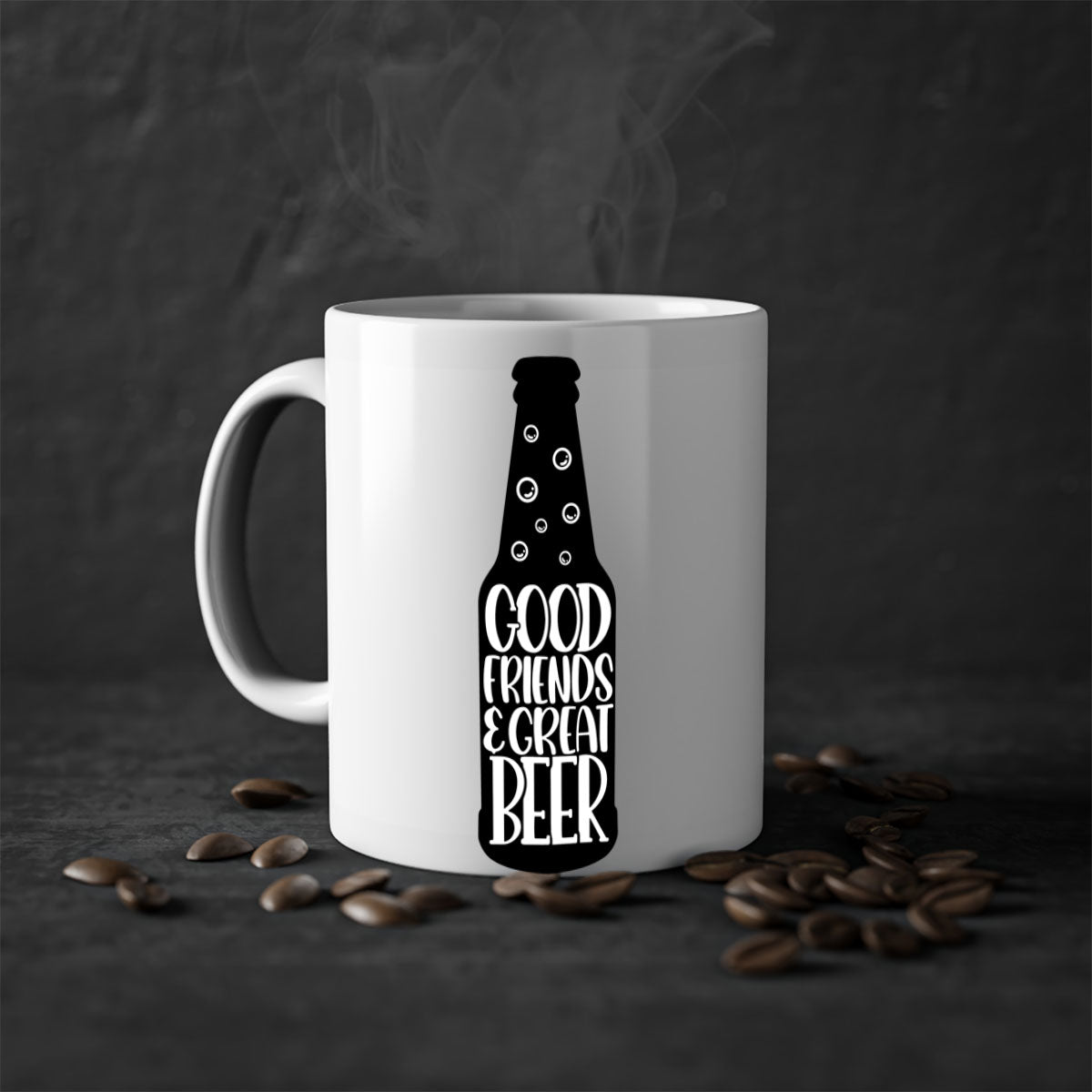 Good Friends Great Beer Mug with colorful handle and glossy finish, available in multiple colors and sizes.