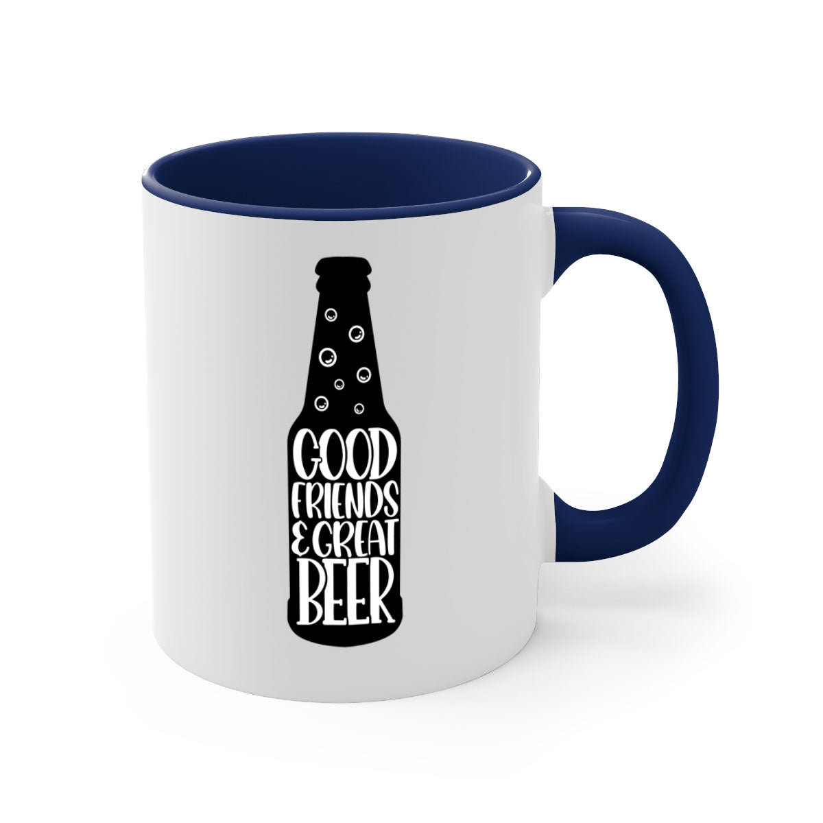 Good Friends Great Beer Mug with colorful handle and glossy finish, available in multiple colors and sizes.