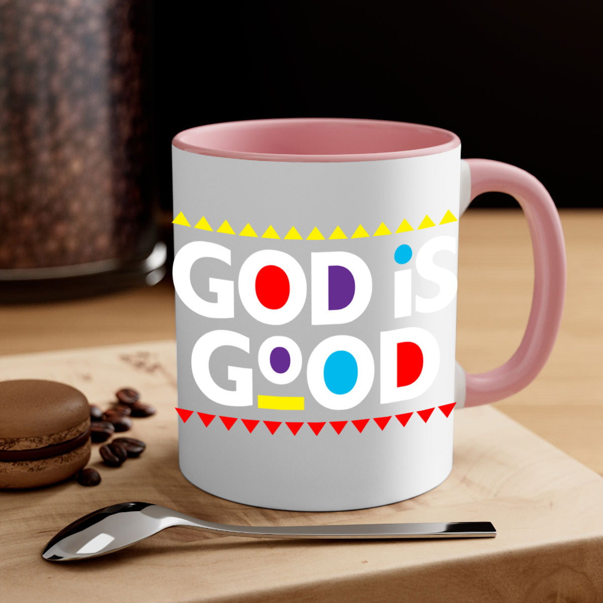 A stylish God is Good 143# Mug featuring bold black text on a glossy ceramic finish, available in multiple colors.