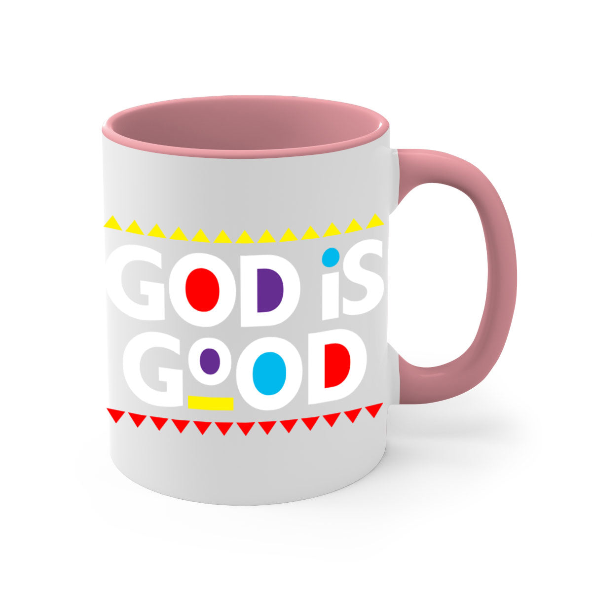 A stylish God is Good 143# Mug featuring bold black text on a glossy ceramic finish, available in multiple colors.