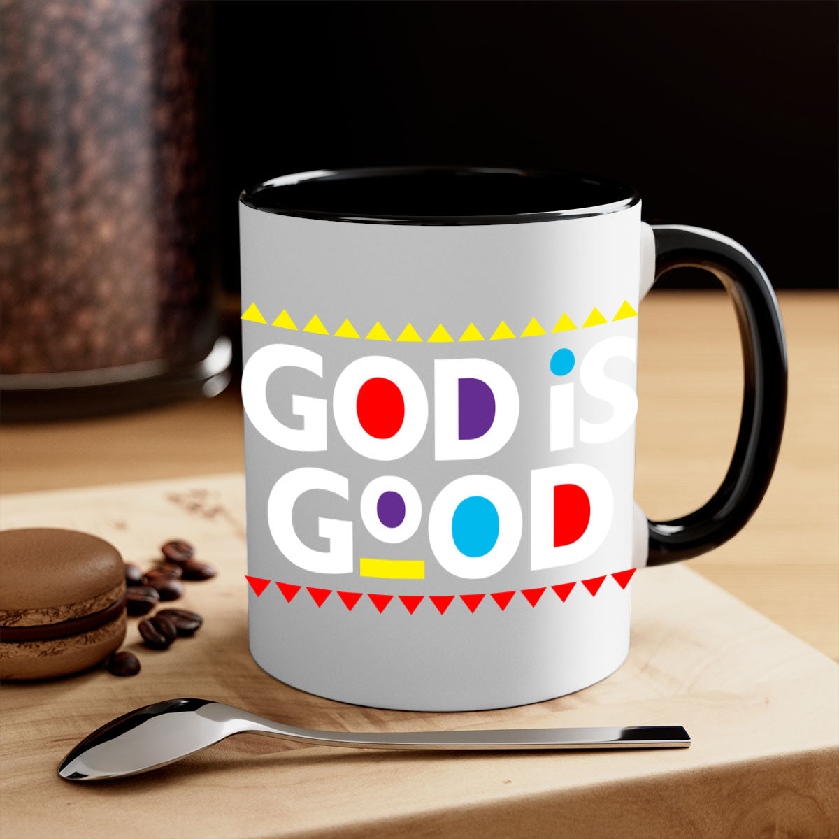 A stylish God is Good 143# Mug featuring bold black text on a glossy ceramic finish, available in multiple colors.