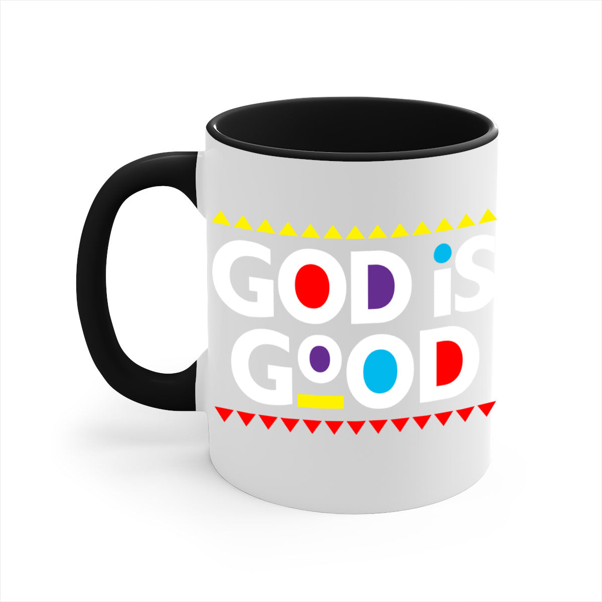 A stylish God is Good 143# Mug featuring bold black text on a glossy ceramic finish, available in multiple colors.