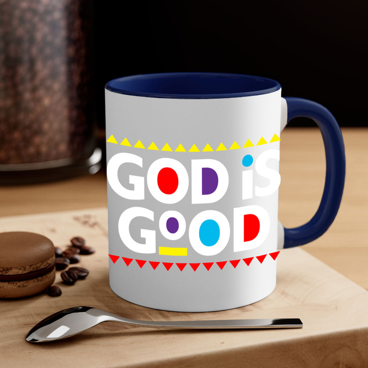 A stylish God is Good 143# Mug featuring bold black text on a glossy ceramic finish, available in multiple colors.