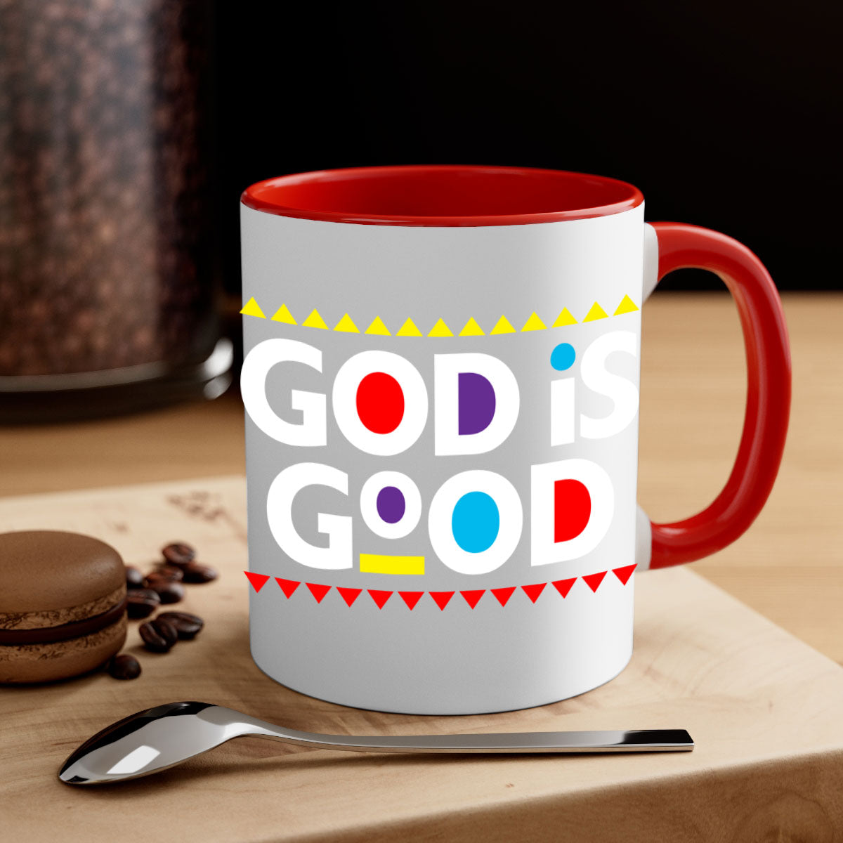 A stylish God is Good 143# Mug featuring bold black text on a glossy ceramic finish, available in multiple colors.