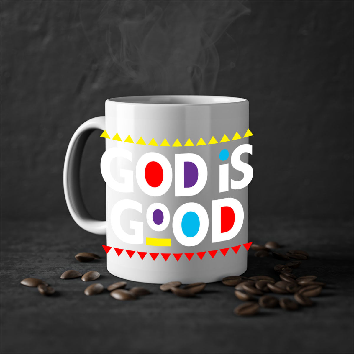 A stylish God is Good 143# Mug featuring bold black text on a glossy ceramic finish, available in multiple colors.