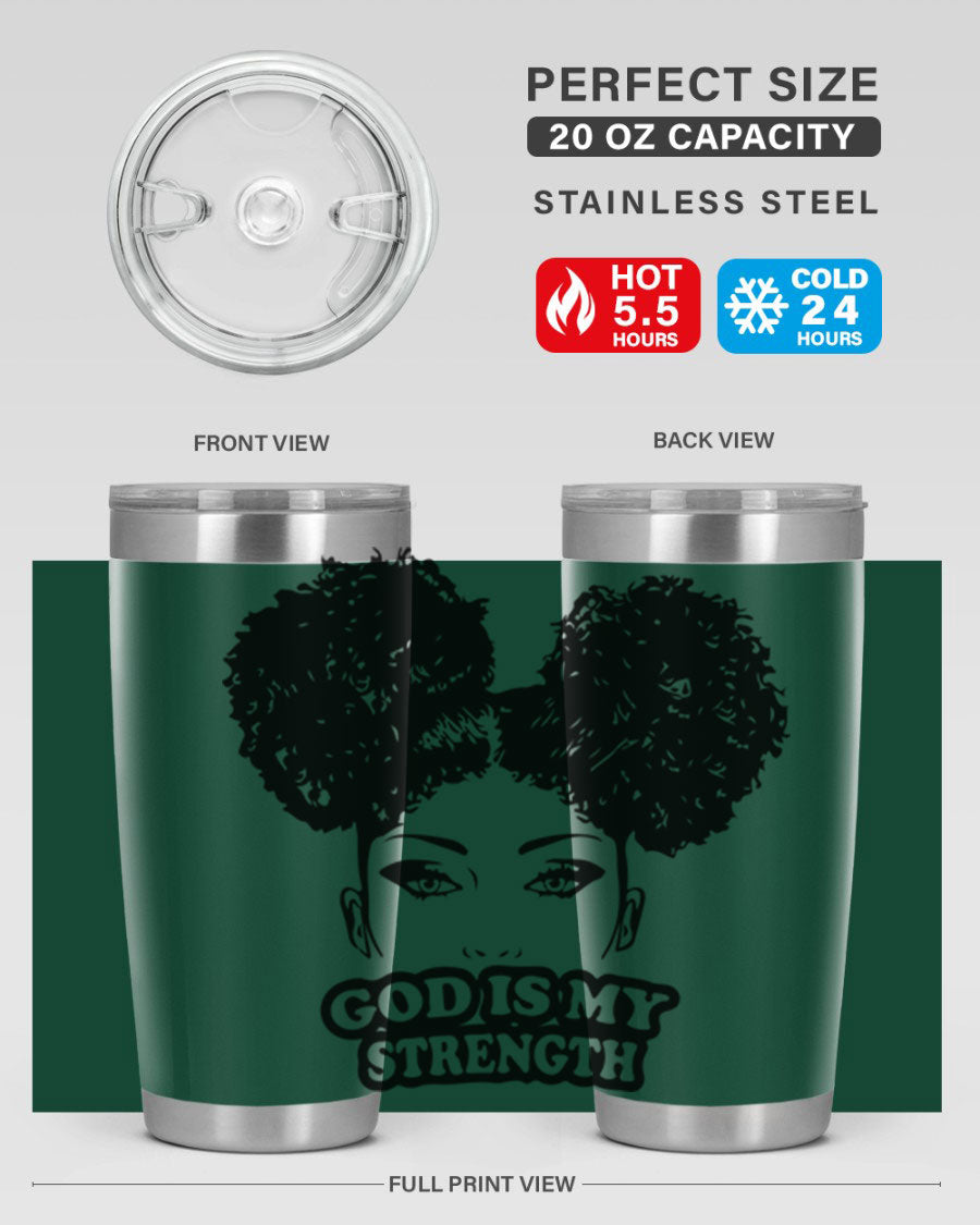 A stylish 'God is My Strength' tumbler in stainless steel, featuring a vibrant design, double wall vacuum insulation, and a convenient drink-thru lid.
