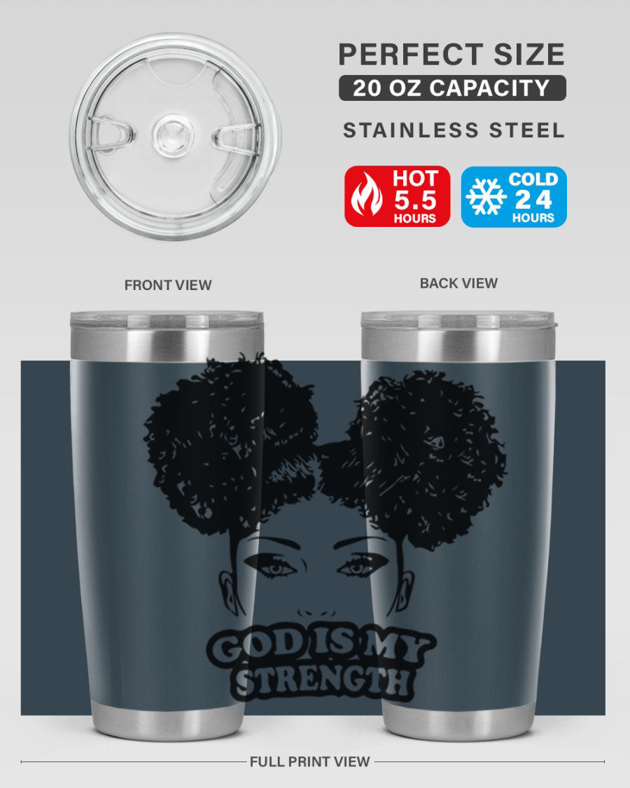 A stylish 'God is My Strength' tumbler in stainless steel, featuring a vibrant design, double wall vacuum insulation, and a convenient drink-thru lid.