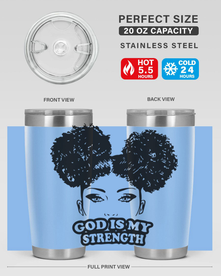 A stylish 'God is My Strength' tumbler in stainless steel, featuring a vibrant design, double wall vacuum insulation, and a convenient drink-thru lid.