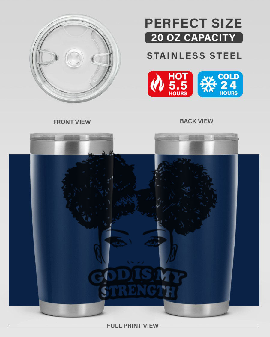 A stylish 'God is My Strength' tumbler in stainless steel, featuring a vibrant design, double wall vacuum insulation, and a convenient drink-thru lid.