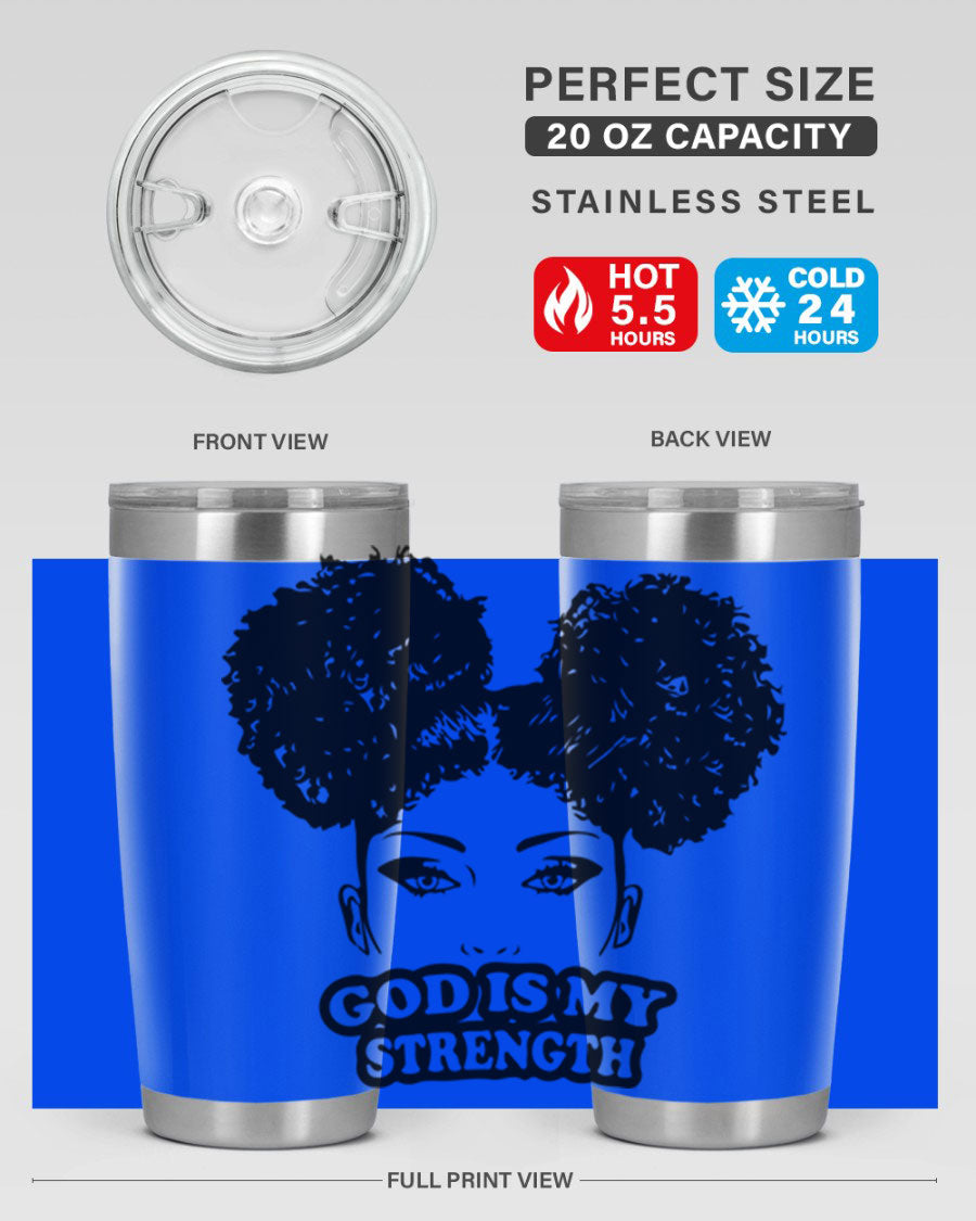 A stylish 'God is My Strength' tumbler in stainless steel, featuring a vibrant design, double wall vacuum insulation, and a convenient drink-thru lid.