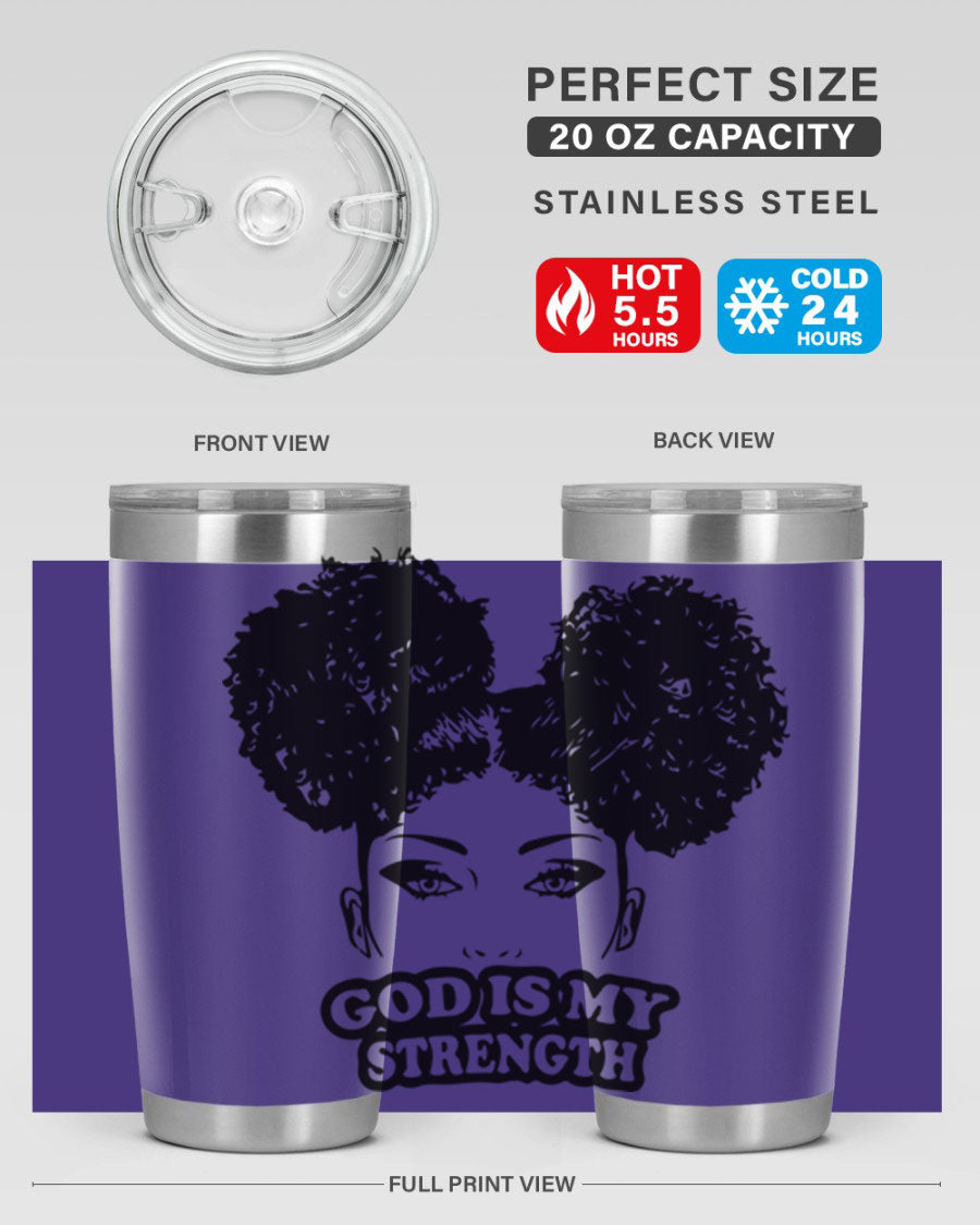 A stylish 'God is My Strength' tumbler in stainless steel, featuring a vibrant design, double wall vacuum insulation, and a convenient drink-thru lid.