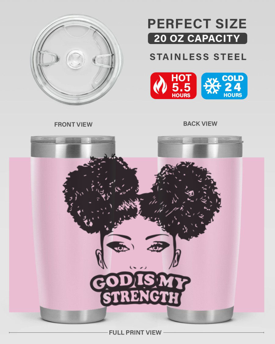 A stylish 'God is My Strength' tumbler in stainless steel, featuring a vibrant design, double wall vacuum insulation, and a convenient drink-thru lid.