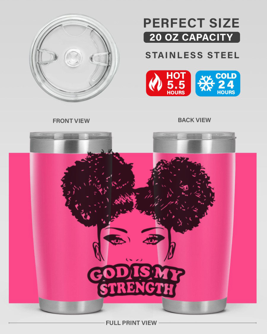 A stylish 'God is My Strength' tumbler in stainless steel, featuring a vibrant design, double wall vacuum insulation, and a convenient drink-thru lid.