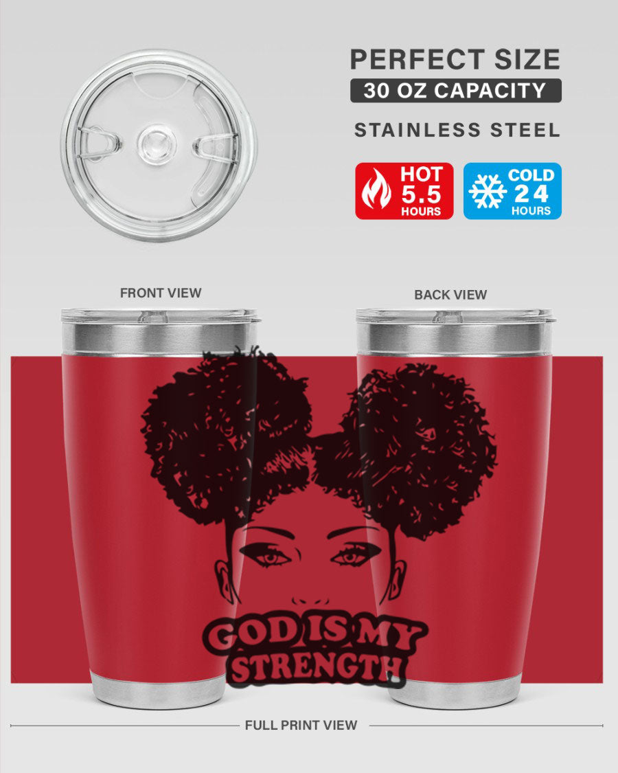 A stylish 'God is My Strength' tumbler in stainless steel, featuring a vibrant design, double wall vacuum insulation, and a convenient drink-thru lid.