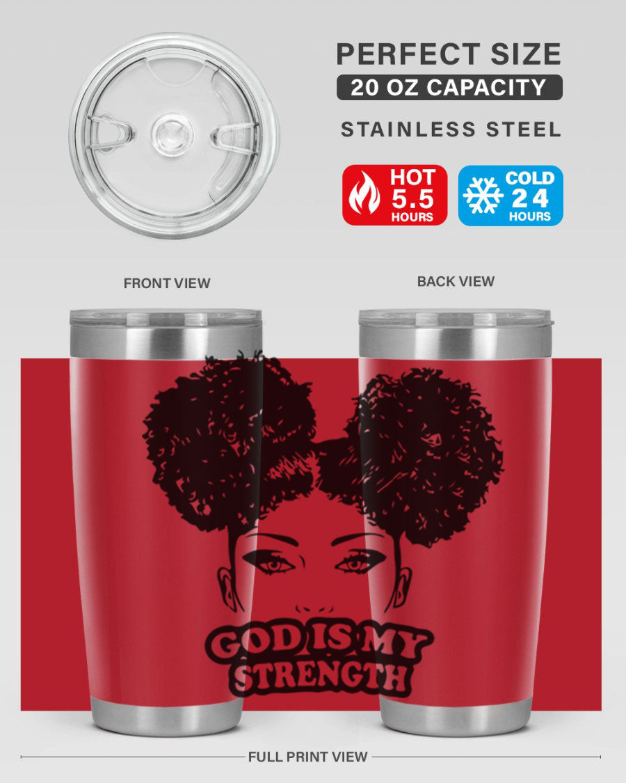 A stylish 'God is My Strength' tumbler in stainless steel, featuring a vibrant design, double wall vacuum insulation, and a convenient drink-thru lid.