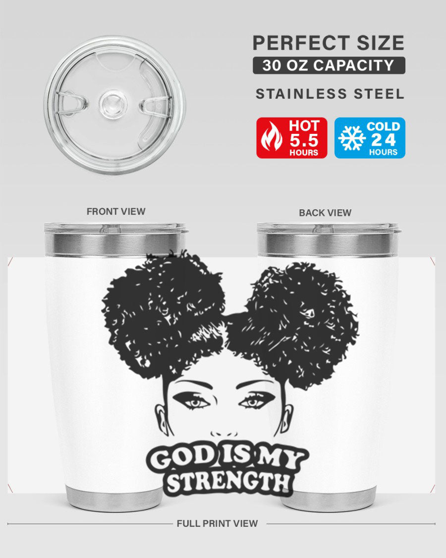 A stylish 'God is My Strength' tumbler in stainless steel, featuring a vibrant design, double wall vacuum insulation, and a convenient drink-thru lid.