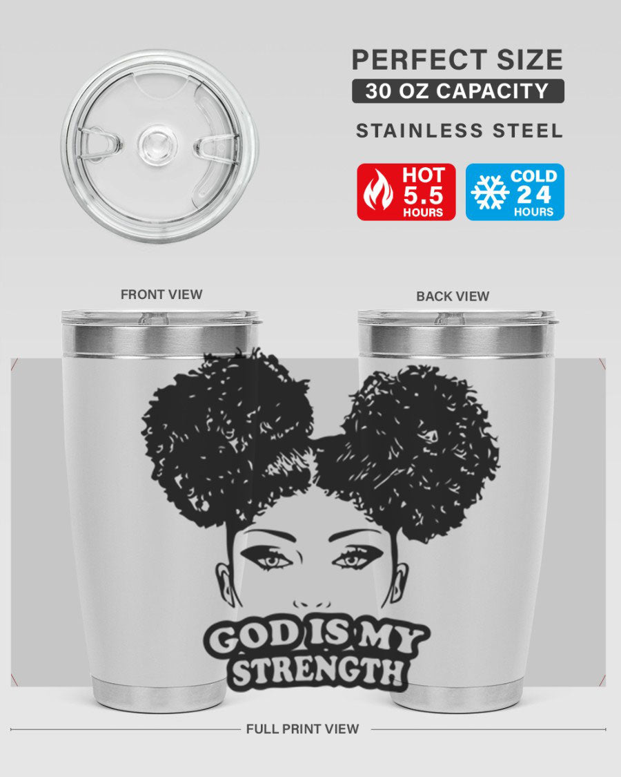 A stylish 'God is My Strength' tumbler in stainless steel, featuring a vibrant design, double wall vacuum insulation, and a convenient drink-thru lid.