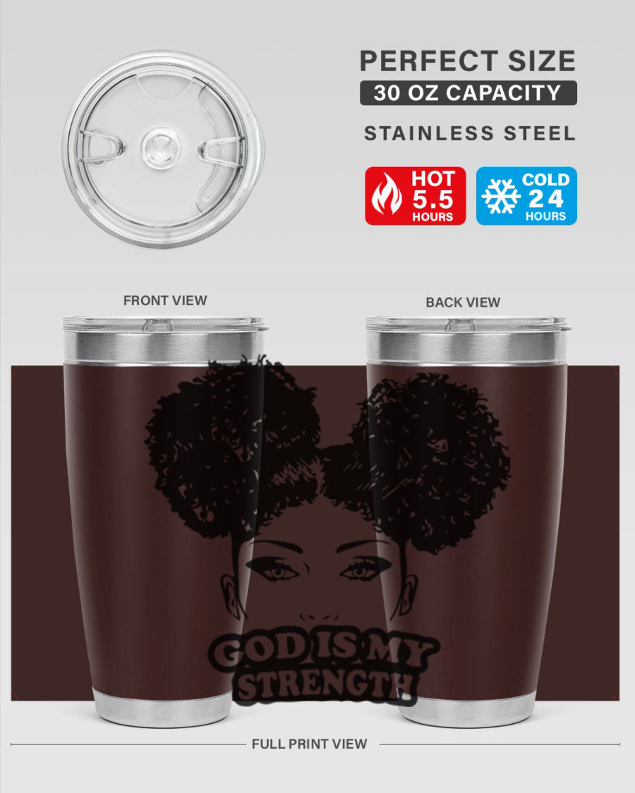 A stylish 'God is My Strength' tumbler in stainless steel, featuring a vibrant design, double wall vacuum insulation, and a convenient drink-thru lid.
