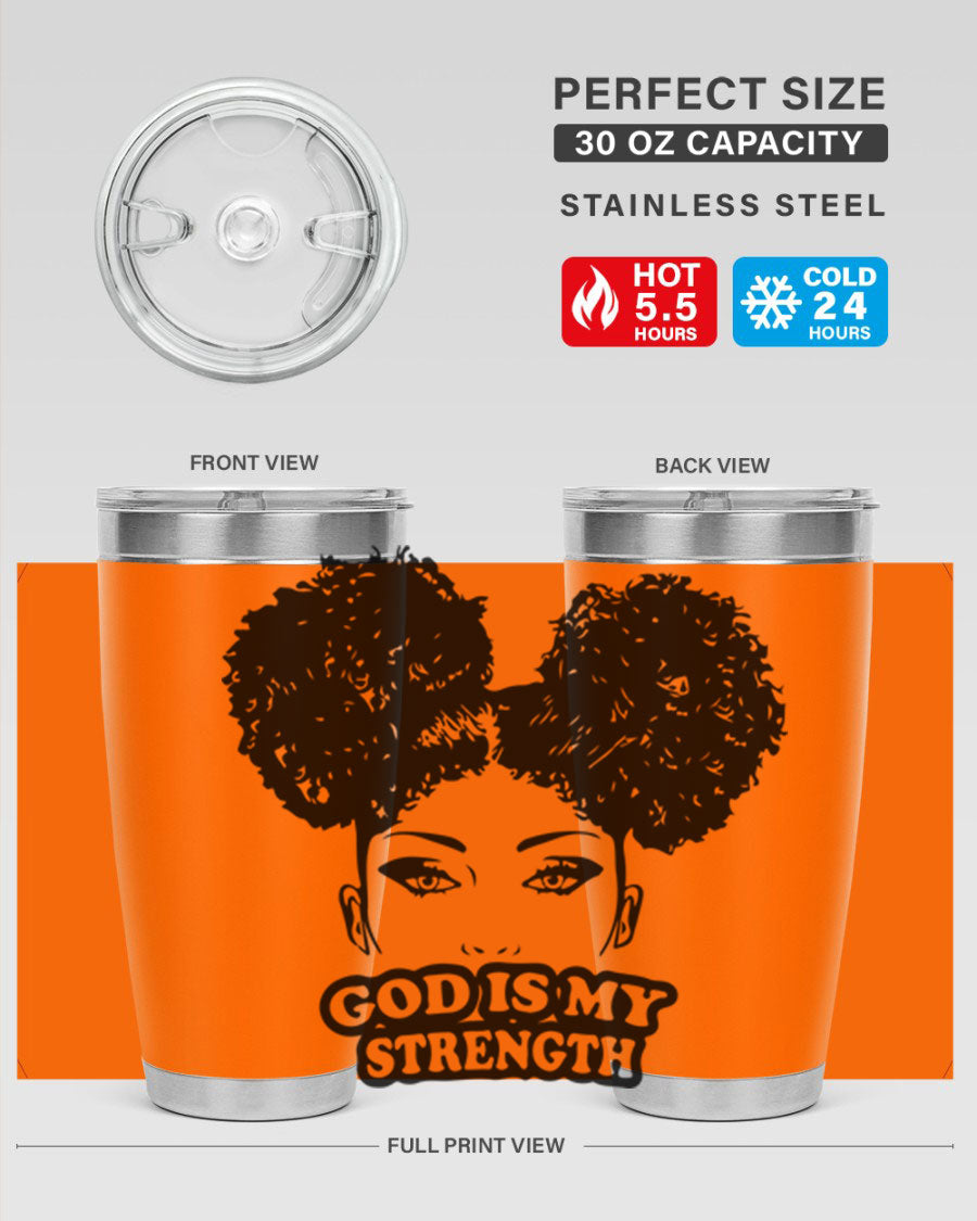 A stylish 'God is My Strength' tumbler in stainless steel, featuring a vibrant design, double wall vacuum insulation, and a convenient drink-thru lid.