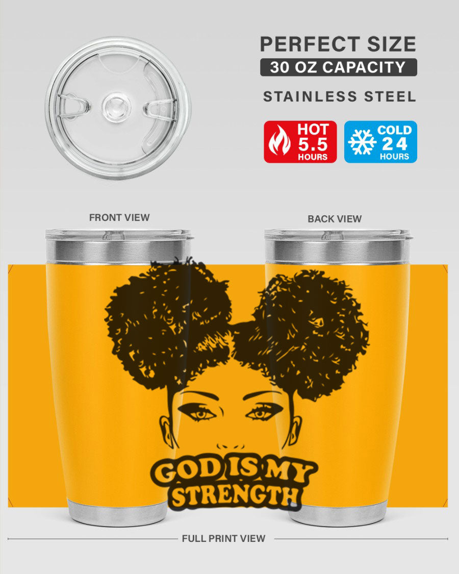 A stylish 'God is My Strength' tumbler in stainless steel, featuring a vibrant design, double wall vacuum insulation, and a convenient drink-thru lid.