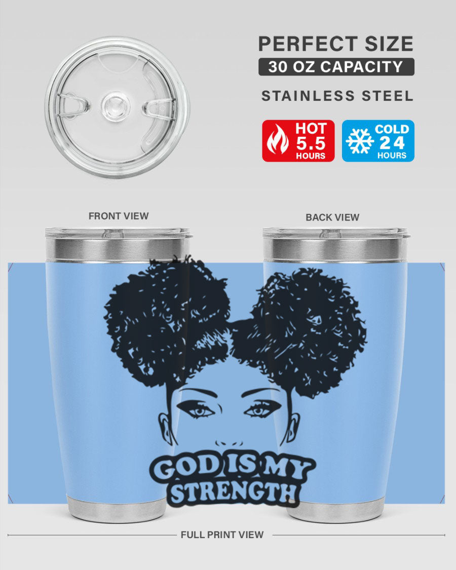A stylish 'God is My Strength' tumbler in stainless steel, featuring a vibrant design, double wall vacuum insulation, and a convenient drink-thru lid.