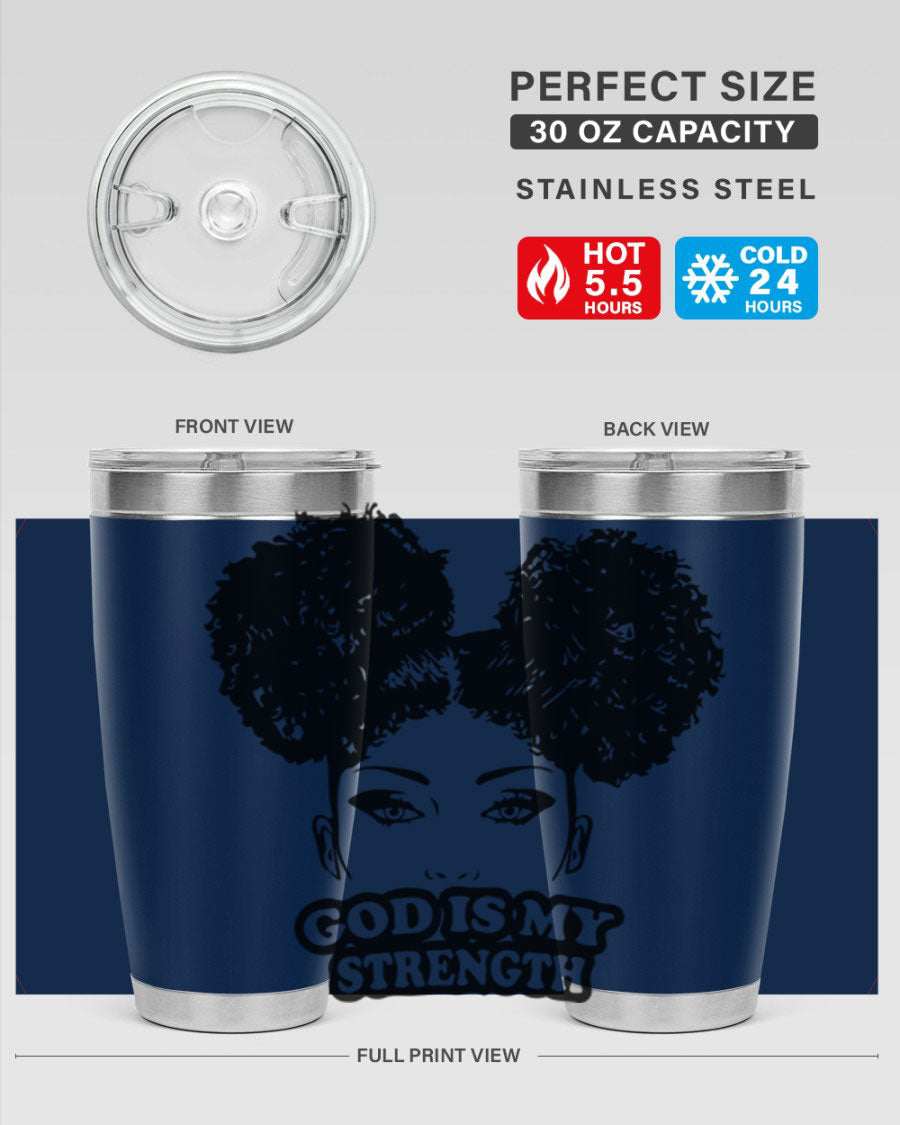 A stylish 'God is My Strength' tumbler in stainless steel, featuring a vibrant design, double wall vacuum insulation, and a convenient drink-thru lid.