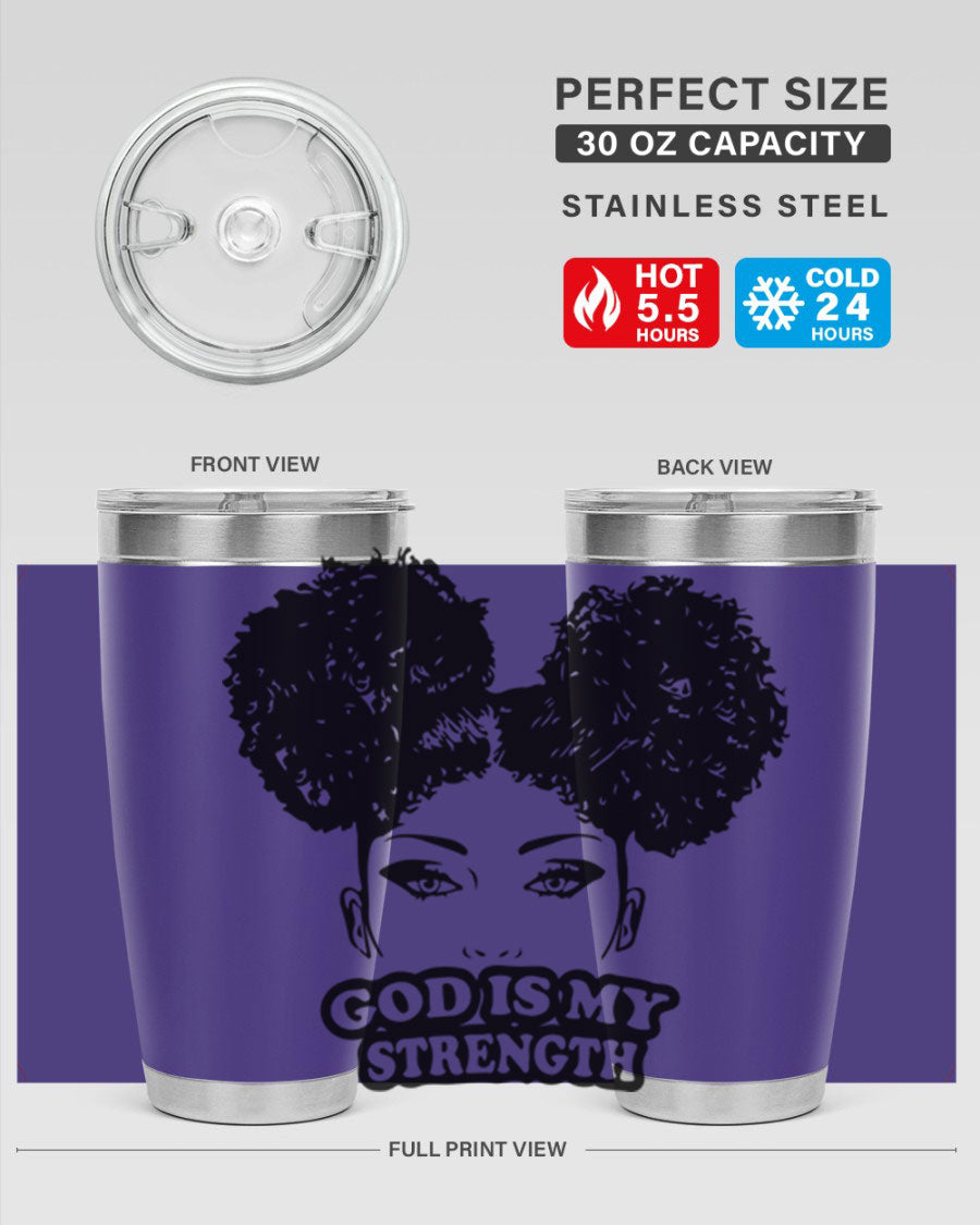 A stylish 'God is My Strength' tumbler in stainless steel, featuring a vibrant design, double wall vacuum insulation, and a convenient drink-thru lid.