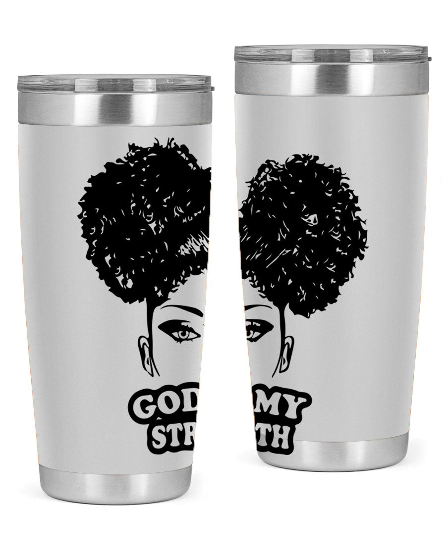 A stylish 'God is My Strength' tumbler in stainless steel, featuring a vibrant design, double wall vacuum insulation, and a convenient drink-thru lid.