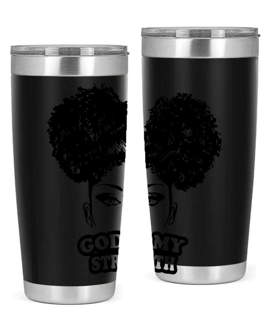 A stylish 'God is My Strength' tumbler in stainless steel, featuring a vibrant design, double wall vacuum insulation, and a convenient drink-thru lid.