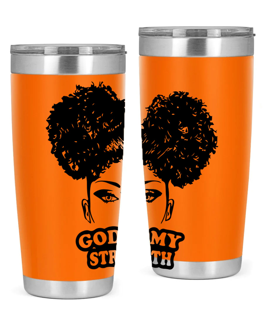 A stylish 'God is My Strength' tumbler in stainless steel, featuring a vibrant design, double wall vacuum insulation, and a convenient drink-thru lid.