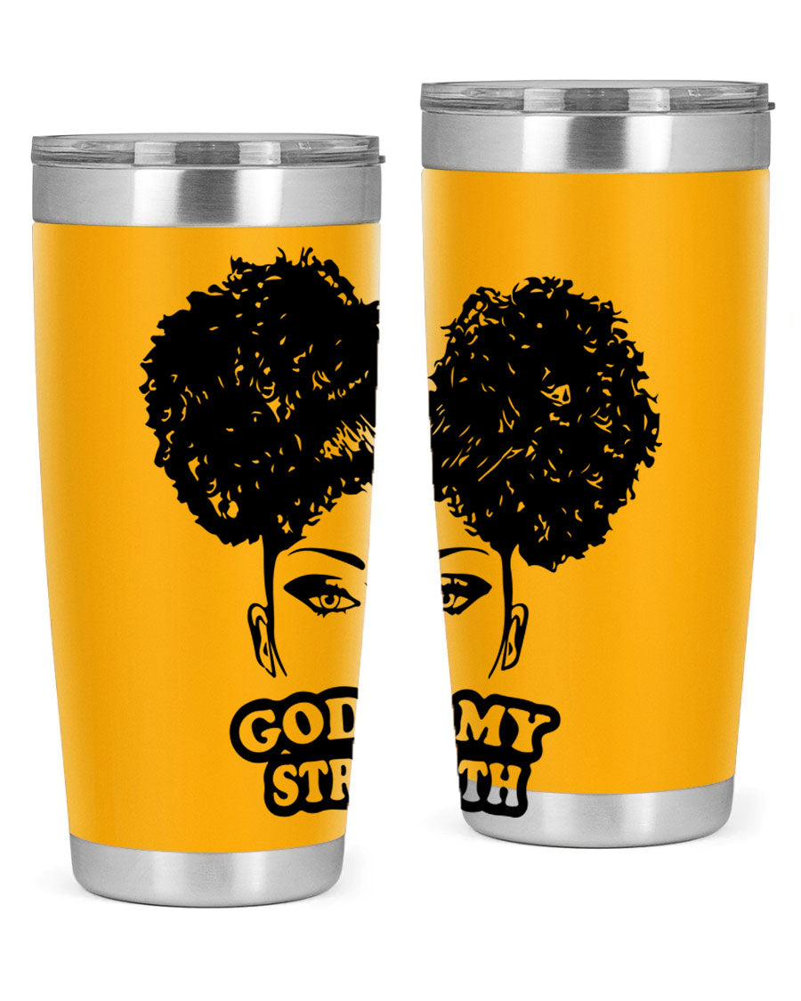 A stylish 'God is My Strength' tumbler in stainless steel, featuring a vibrant design, double wall vacuum insulation, and a convenient drink-thru lid.