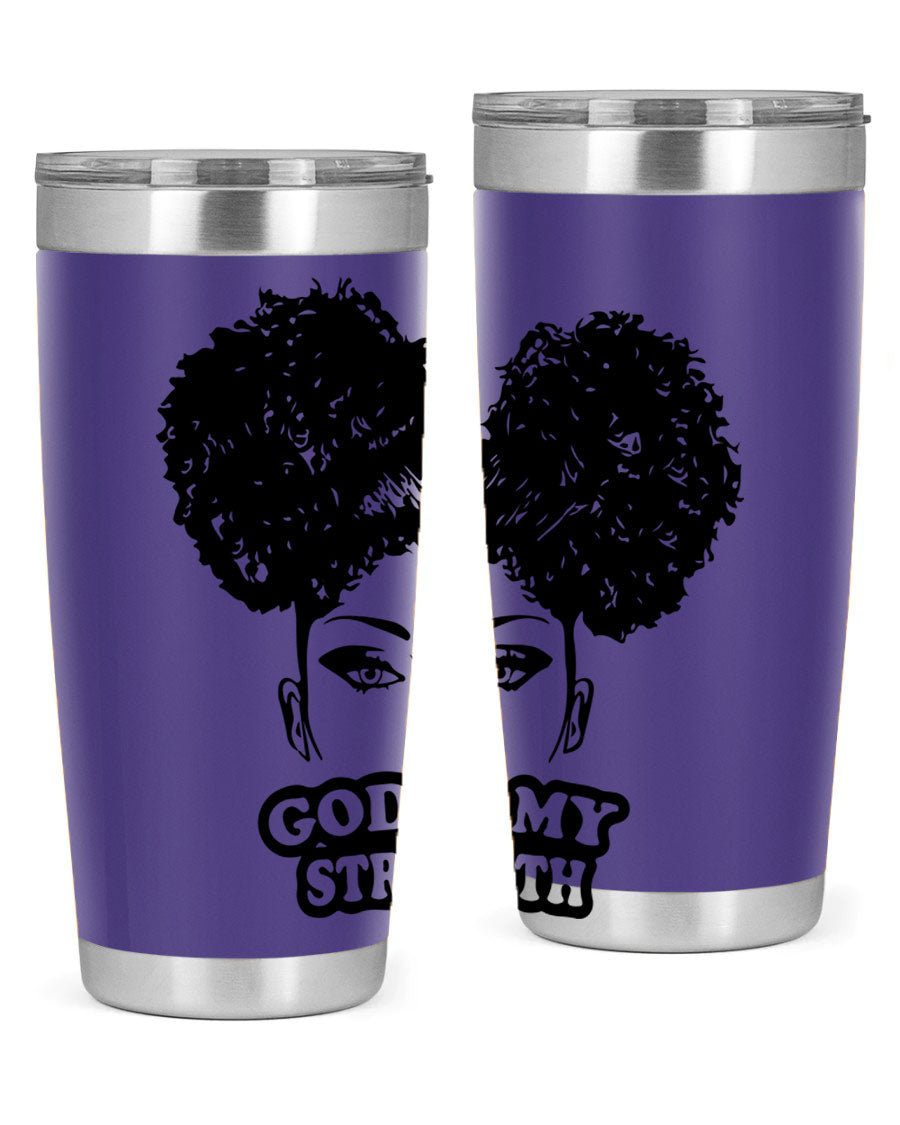 A stylish 'God is My Strength' tumbler in stainless steel, featuring a vibrant design, double wall vacuum insulation, and a convenient drink-thru lid.