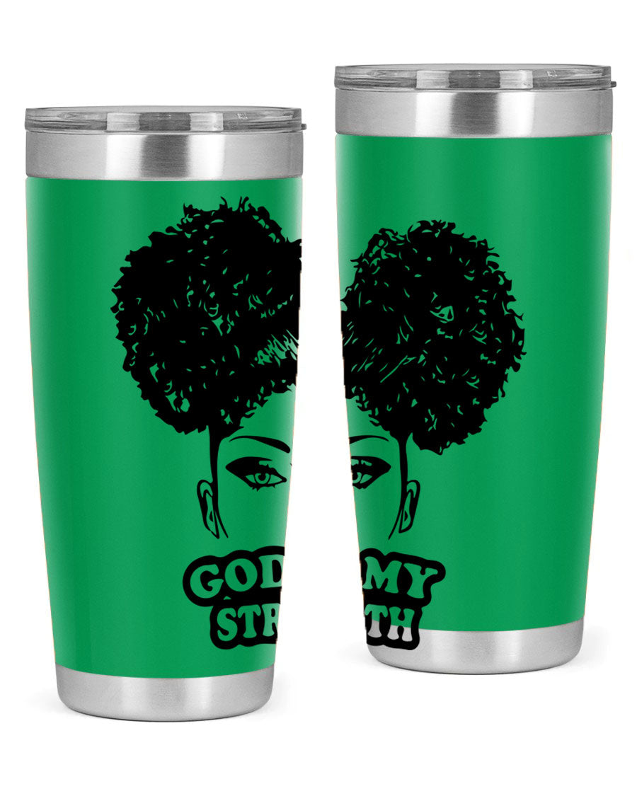 A stylish 'God is My Strength' tumbler in stainless steel, featuring a vibrant design, double wall vacuum insulation, and a convenient drink-thru lid.
