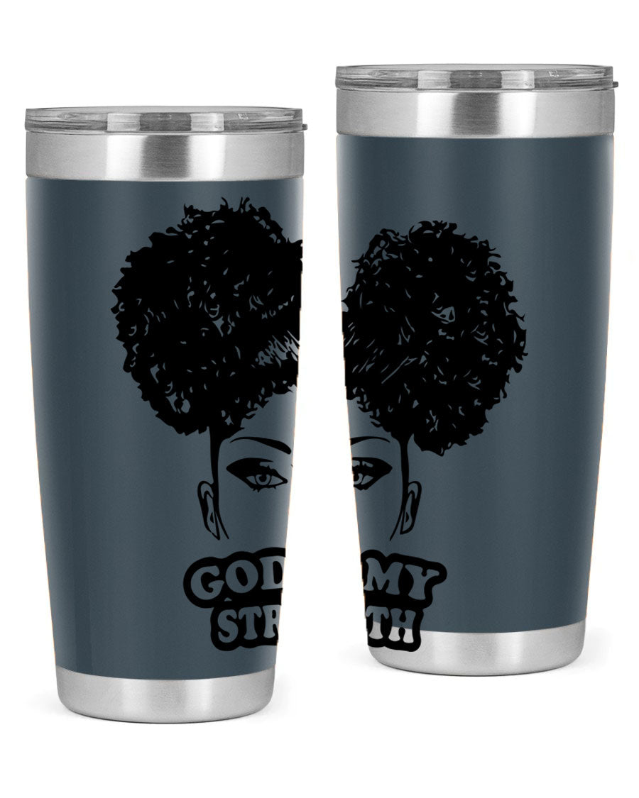A stylish 'God is My Strength' tumbler in stainless steel, featuring a vibrant design, double wall vacuum insulation, and a convenient drink-thru lid.