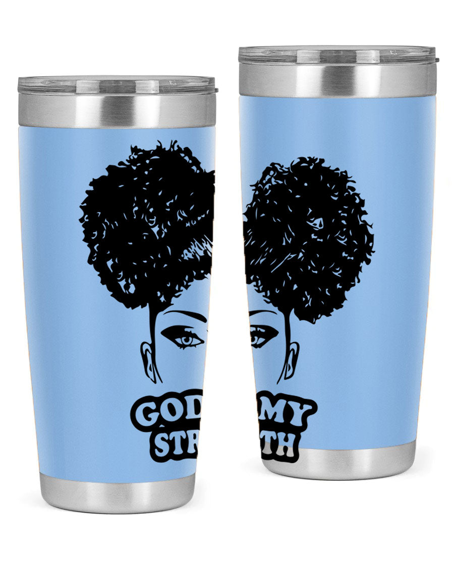 A stylish 'God is My Strength' tumbler in stainless steel, featuring a vibrant design, double wall vacuum insulation, and a convenient drink-thru lid.