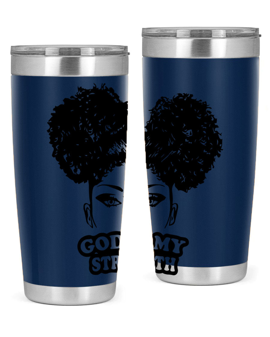 A stylish 'God is My Strength' tumbler in stainless steel, featuring a vibrant design, double wall vacuum insulation, and a convenient drink-thru lid.