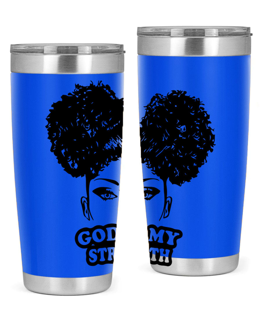 A stylish 'God is My Strength' tumbler in stainless steel, featuring a vibrant design, double wall vacuum insulation, and a convenient drink-thru lid.