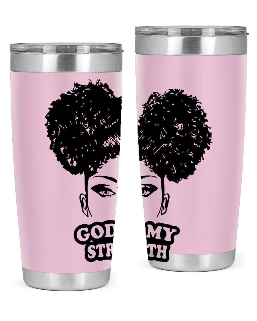 A stylish 'God is My Strength' tumbler in stainless steel, featuring a vibrant design, double wall vacuum insulation, and a convenient drink-thru lid.