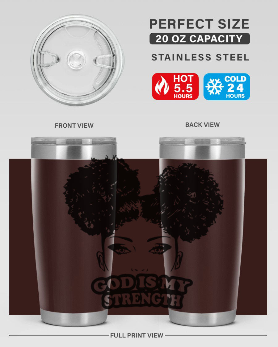A stylish 'God is My Strength' tumbler in stainless steel, featuring a vibrant design, double wall vacuum insulation, and a convenient drink-thru lid.