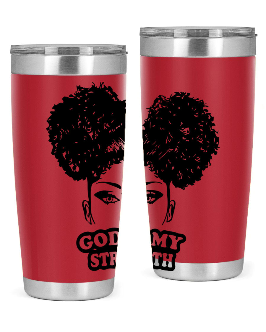A stylish 'God is My Strength' tumbler in stainless steel, featuring a vibrant design, double wall vacuum insulation, and a convenient drink-thru lid.