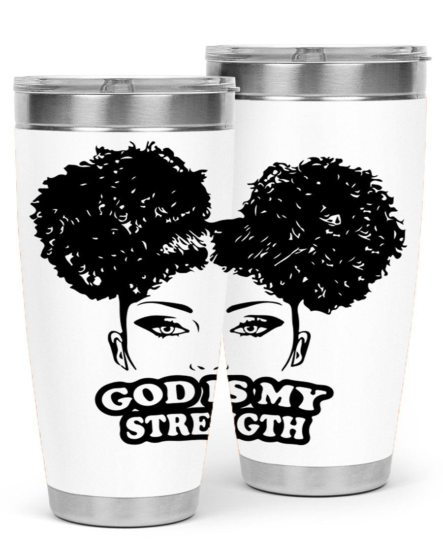 A stylish 'God is My Strength' tumbler in stainless steel, featuring a vibrant design, double wall vacuum insulation, and a convenient drink-thru lid.