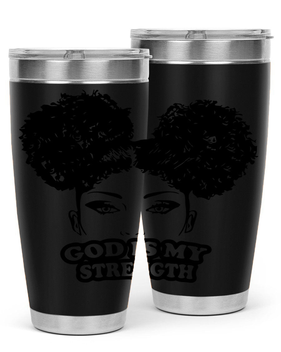 A stylish 'God is My Strength' tumbler in stainless steel, featuring a vibrant design, double wall vacuum insulation, and a convenient drink-thru lid.