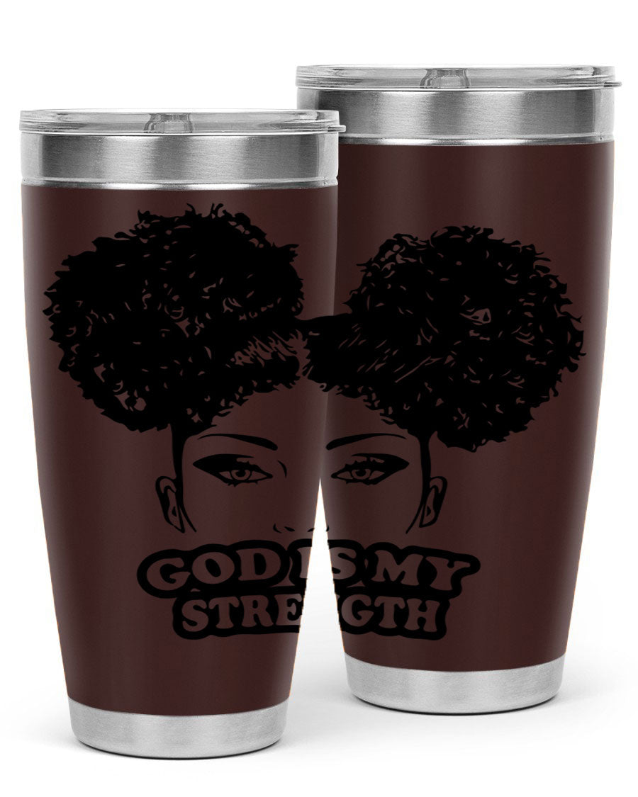 A stylish 'God is My Strength' tumbler in stainless steel, featuring a vibrant design, double wall vacuum insulation, and a convenient drink-thru lid.