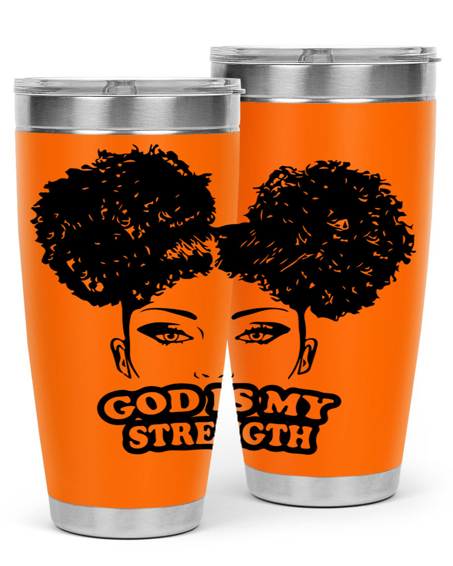 A stylish 'God is My Strength' tumbler in stainless steel, featuring a vibrant design, double wall vacuum insulation, and a convenient drink-thru lid.