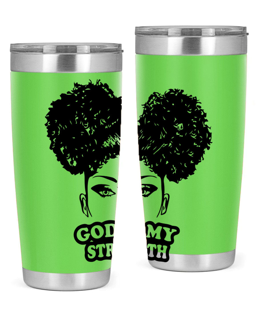 A stylish 'God is My Strength' tumbler in stainless steel, featuring a vibrant design, double wall vacuum insulation, and a convenient drink-thru lid.