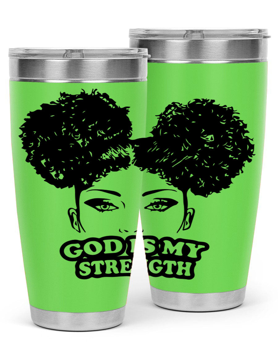 A stylish 'God is My Strength' tumbler in stainless steel, featuring a vibrant design, double wall vacuum insulation, and a convenient drink-thru lid.