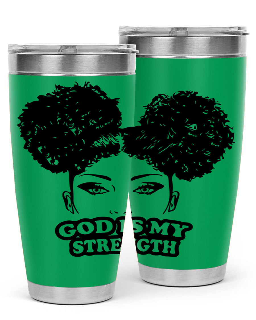 A stylish 'God is My Strength' tumbler in stainless steel, featuring a vibrant design, double wall vacuum insulation, and a convenient drink-thru lid.