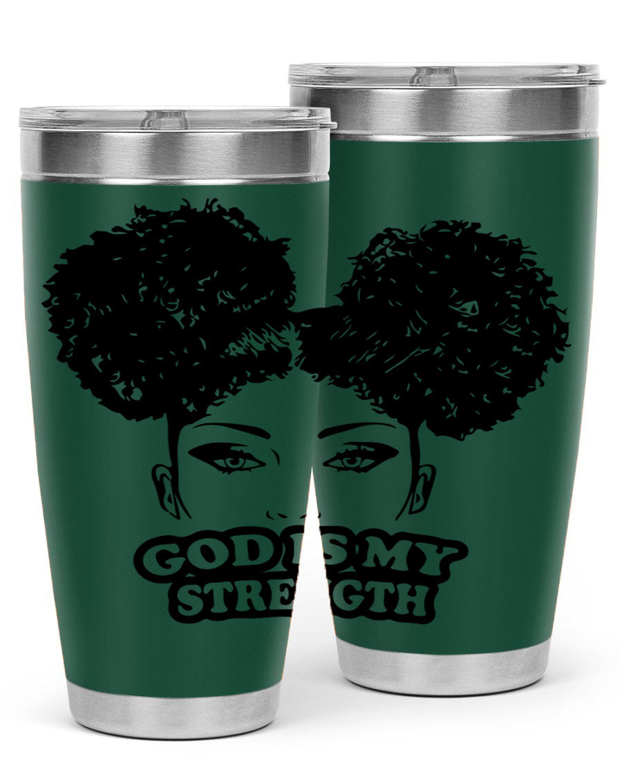 A stylish 'God is My Strength' tumbler in stainless steel, featuring a vibrant design, double wall vacuum insulation, and a convenient drink-thru lid.