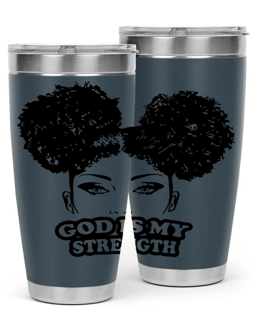 A stylish 'God is My Strength' tumbler in stainless steel, featuring a vibrant design, double wall vacuum insulation, and a convenient drink-thru lid.